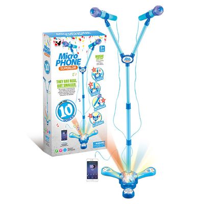 Kids Karaoke Machine with Stand,Kids Microphone Flashing Stage Lights Adjustable Stand Gift for Age 3+ Years Old Children (Double Blue)