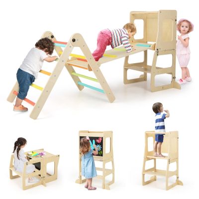 HONEY JOY 7 in 1 Climbing Toys for Toddlers, Convertible Kids Step Stool/Table & Chair/Chalkboard, Folding Triangle Climber w/Ramp, Montessori Kitchen Stool Tower for Learning w/Safety Rail (Colorful)