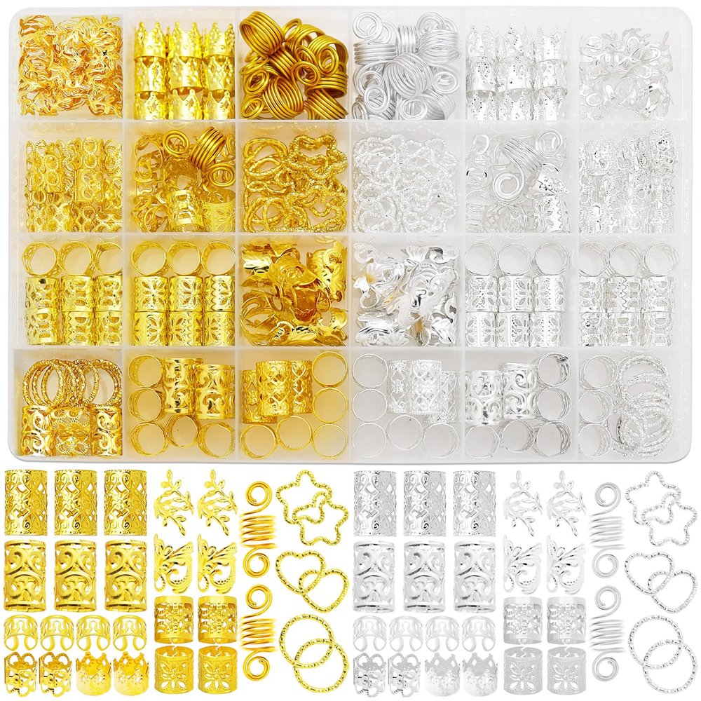 Fscwlmon 260 Pcs Hair Jewelry for Braids,Hair Beads Accessories for Dreadlock,Metal Hair Clips Cuffs Rings,Loc Rave Hair Charm Decorations Adjustable Kits for Men Women Golden and Silvery