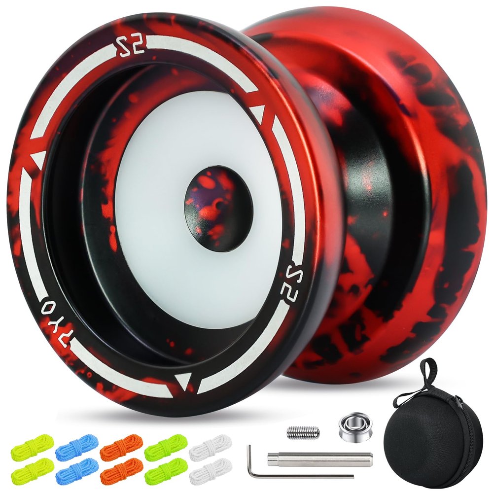 S2 Dual Purpose Yoyo for Kids, Professional Yoyo with Responsive & Unresponsive Mode, Fingerspin Trick Yoyos with KK Bearing, Bearing Remover, Case, 10 Strings - Black Red