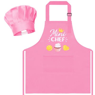 R HORSE Kid Apron and Chef Hat Set 2Pcs Adjustable Children Light Pink Kitchen Toddler Apron for Girls, Role Play Chef Toy Cooking Baking Painting and Training Kits Kid Funny Cooking Birthday Gift