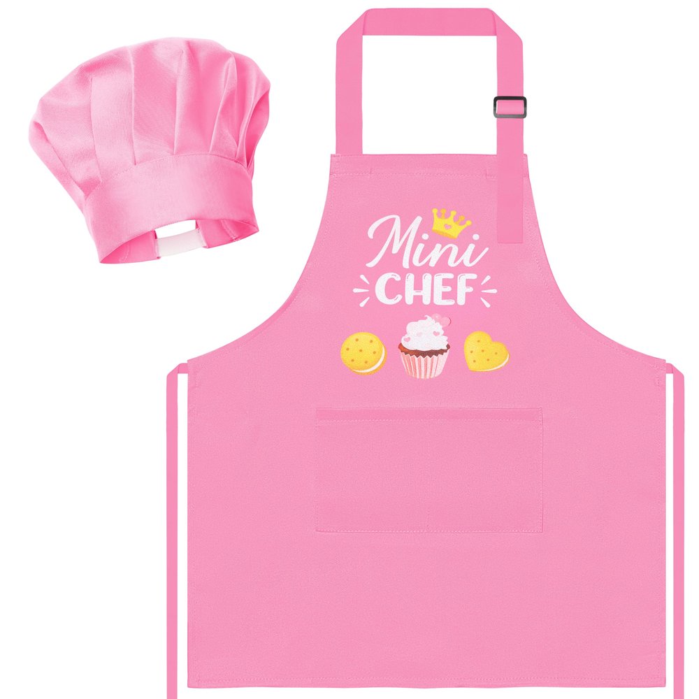 R HORSE Kid Apron and Chef Hat Set 2Pcs Adjustable Children Light Pink Kitchen Toddler Apron for Girls, Role Play Chef Toy Cooking Baking Painting and Training Kits Kid Funny Cooking Birthday Gift