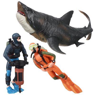 3 Pcs Scuba Diver Toys with Shark Figurines - Miniature Diver Action Figures for Kids - PVC Plastic Models for Decoration - 9.92 X 5.59 X 4.80 Inches