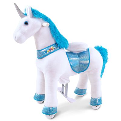 WondeRides Ride on Unicorn Horse Pony Rider Blue Riding Horse Toys Size 3 for Kids Age 3-4, 30.1 inch Height Plush Walking Animal Mechanical Rocking Pony with Wheels for Children Toddlers