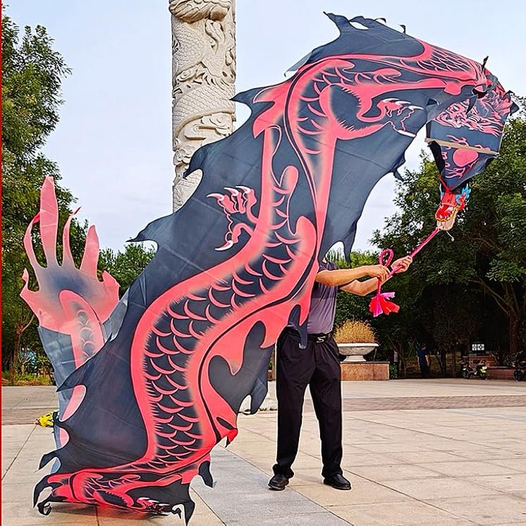 Flowy Dragon Body Accessories, Multi-Patterned Silk-Like Dragon Body Ribbon Streamer Used for Dragon Poi Combo Optional Equipment (Black Dragon King, 26.2 FT(8 Meters))