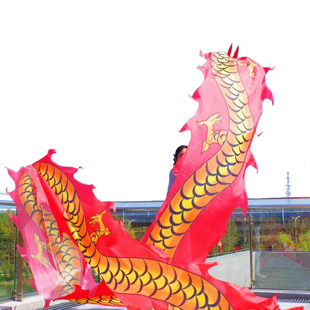 DSJUGGLING Flowy Dragon Body Accessories, Multi-Patterned Silk-Like Dragon Body Ribbon Streamer Used for Dragon Poi Combo Optional Equipment (Red Claw Dragon, 26.2 FT(8 Meters))