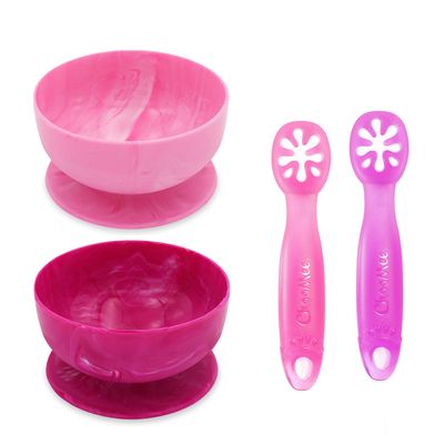 ChooMee Baby Suction Bowls & FlexiDip Learning Utensil Set, 4 CT Small, Light & Dark Pink