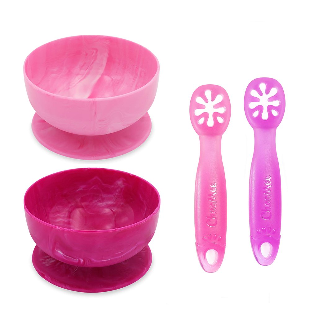 ChooMee Baby Suction Bowls & FlexiDip Learning Utensil Set, 4 CT Small, Light & Dark Pink
