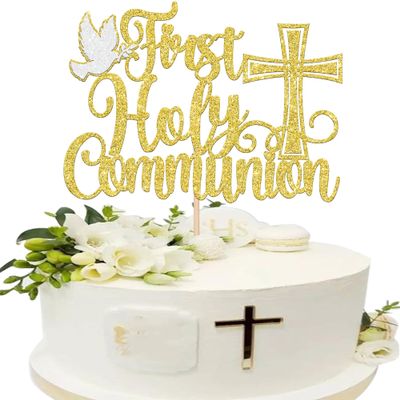1 Pack First Holy Communion Cake Topper Glitter Peace Pigeon Cross Religious Cake Picks God Bless Baptism Cake Decorations for Baptism Theme Baby Shower 1st Birthday Party Decoration Supplies Gold