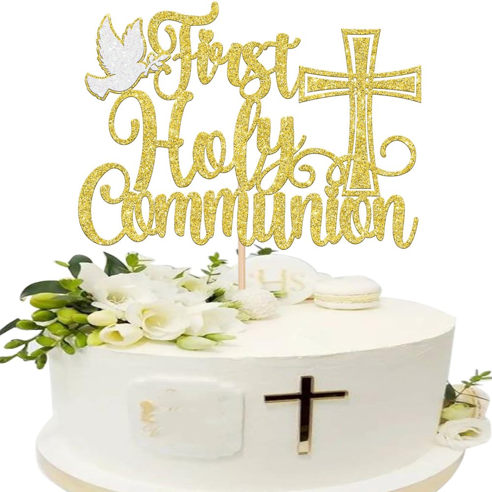 1 Pack First Holy Communion Cake Topper Glitter Peace Pigeon Cross Religious Cake Picks God Bless Baptism Cake Decorations for Baptism Theme Baby Shower 1st Birthday Party Decoration Supplies Gold