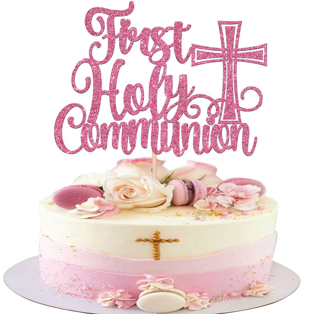 1 Pack First Holy Communion Cake Topper Glitter Cross Religious Cake Picks God Bless Cake Decorations for Baby Shower Religious Theme Kids Frist Birthday Party Decoration Supplies Pink
