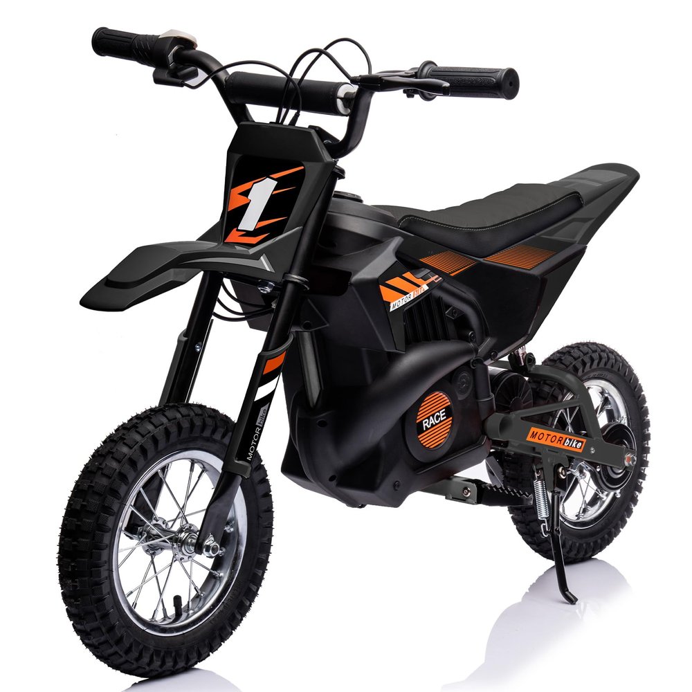 24V 7AH Kids Ride on Dirt Bike, 250W Strong Motor 13.6MPH Fast Speed Electric Off-Road Motorcycle, Leather Seat Dirt Bike, Chain-Driven, Metal Suspension, Air-Filled Tires, Black