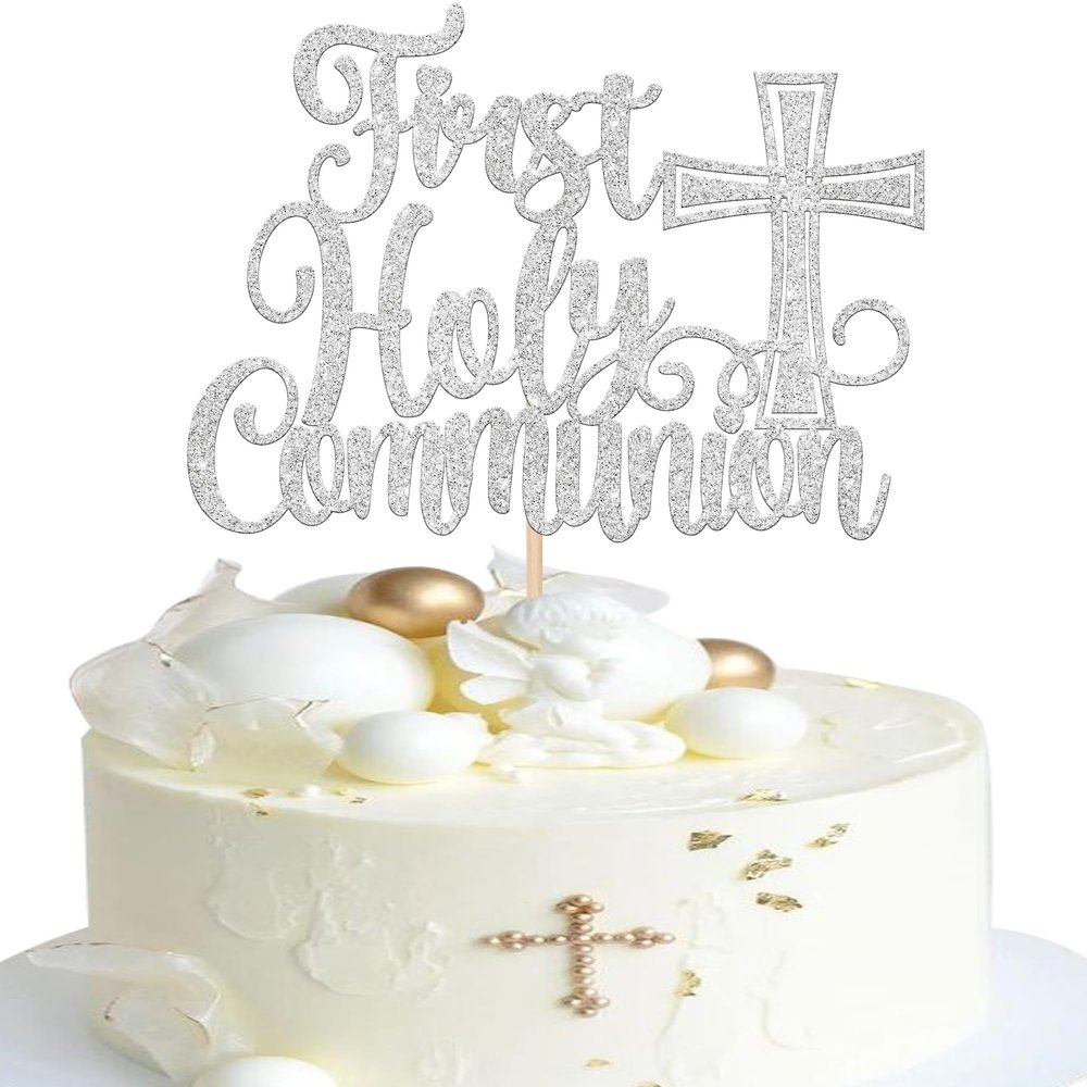 1 Pack First Holy Communion Cake Topper God Bless Religious Cake Picks Glitter Cross Cake Decorations for Baby Shower Religious Theme Kids Frist Birthday Party Decoration Supplies Silver