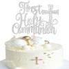 1 Pack First Holy Communion Cake Topper God Bless Religious Cake Picks Glitter Cross Cake Decorations for Baby Shower Religious Theme Kids Frist Birthday Party Decoration Supplies Silver view 1