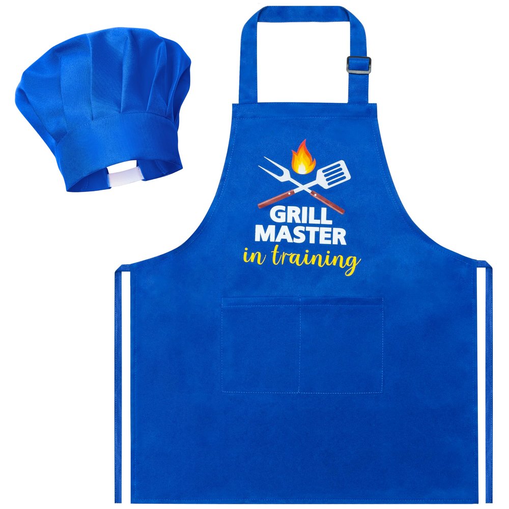 R HORSE Kid Apron and Chef Hat Set 2Pcs Adjustable Children Dark Blue Kitchen Apron, Dress up Role Play Chef Toy Cooking Baking Painting and Training Kits Kid Funny Cooking Birthday Gift for Kids