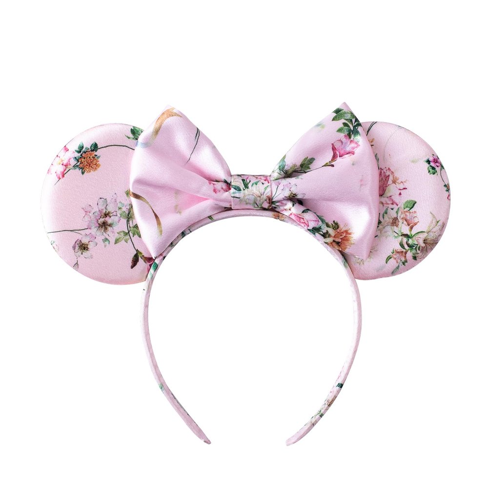 PAITTY Pearl Mouse Ears Bow Headbands for Girls Kids Sparkle Hair Band Ear Headband Party Princess Trip Cosplay Costume Decor (Pale Pink Printed Floral)