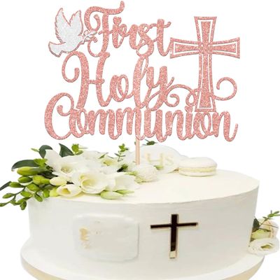 1 Pack First Holy Communion Cake Topper Glitter Cross Religious Cake Picks God Bless Peace Pigeon Baptism Cake Decorations for Baptism Theme Baby Shower 1st Birthday Party Decoration Supplies Rosegold