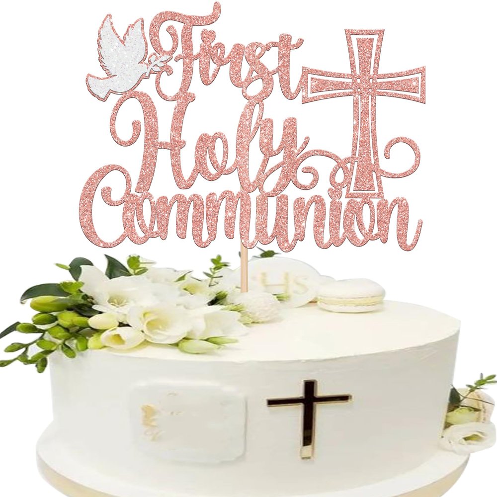 1 Pack First Holy Communion Cake Topper Glitter Cross Religious Cake Picks God Bless Peace Pigeon Baptism Cake Decorations for Baptism Theme Baby Shower 1st Birthday Party Decoration Supplies Rosegold