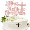 1 Pack First Holy Communion Cake Topper Glitter Cross Religious Cake Picks God Bless Peace Pigeon Baptism Cake Decorations for Baptism Theme Baby Shower 1st Birthday Party Decoration Supplies Rosegold view 1