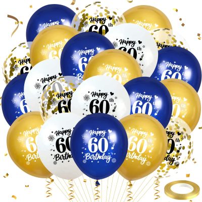 Blue Gold 60th Birthday Balloons 24Pcs Navy Blue White Gold Happy 60th Birthday Latex Balloons Blue Gold 60th Birthday Party Decorations for Men Women 60th Birthday Anniversary Party Supplies 12Inch