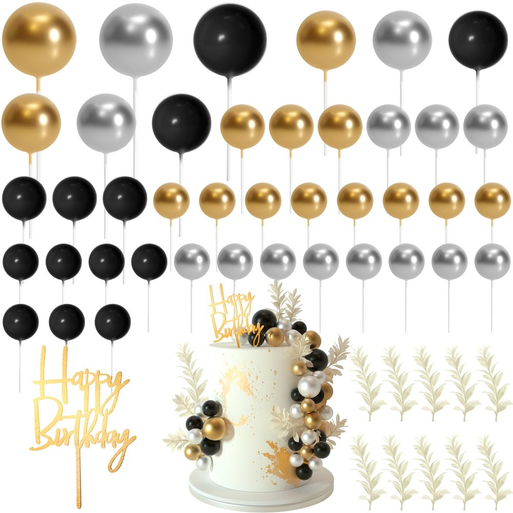 MIAHART Ball Cake Toppers Boho Grass Cake Topper Ball Cake Insert Decoration for Birthday Wedding Baby Shower Party Decorations Boho Themed Party Supplies (blackgoldsliver)