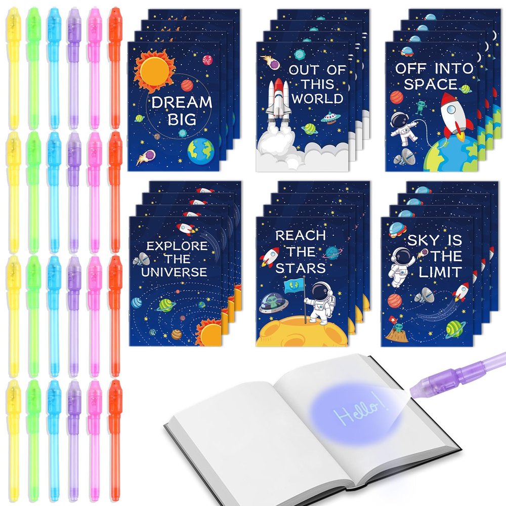 ZOIIWA 48Pcs Invisible Ink Pen with Space Book Notepads Party Favors Spy Pens for Kids 24 Spy Game Magic Pen Bulk with UV Light and 24 Mini Notebooks Outer Space Easter Birthday Valentines Day Gifts