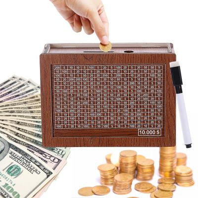 Cash Vault Wooden Savings Box 10000, Cash Vault Wooden Savings Box, Cash Saving Box with Erasable Markers, Money Saver Cash Saver Box (A, for 10,000$)