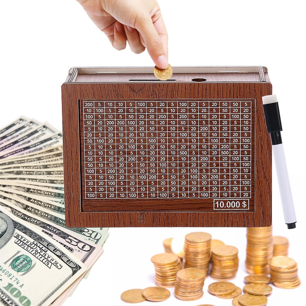 Cash Vault Wooden Savings Box 10000, Cash Vault Wooden Savings Box, Cash Saving Box with Erasable Markers, Money Saver Cash Saver Box (A, for 10,000$)