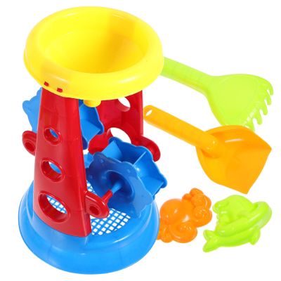 Abaodam Kids Sand and Water Wheel Tower 5pcs Sand Wheel Beach Toy Water Sifting Funnel Beach Hourglass Toy Tool Kit Molds Shovel Rake for Summer