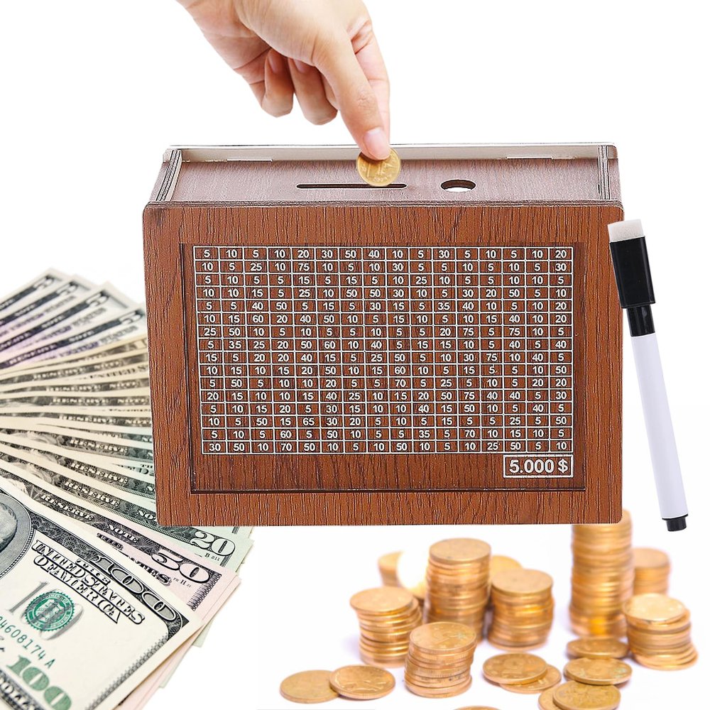 Cash Vault Wooden Savings Box 10000, Cash Vault Wooden Savings Box, Cash Saving Box with Erasable Markers, Money Saver Cash Saver Box (A, for 5000$)