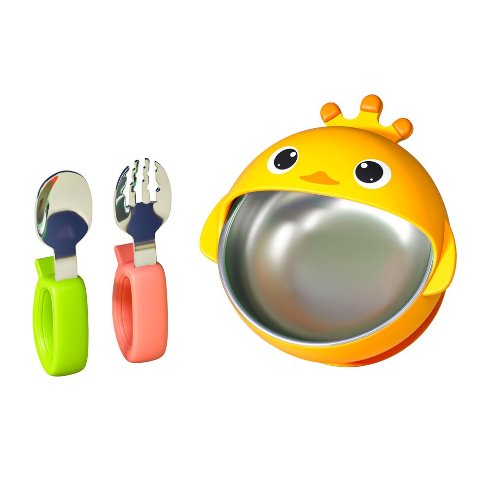 ENERGEVITY Suction Bowls Set for Baby FeedingSilicone Suction Baby Bowl and Food-Grade 304 Stainless Steel Bowl with Fork and Spoon,Dishwasher Safe (Yellow Duck)