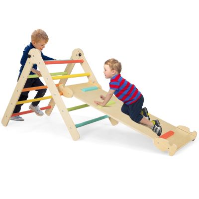Costzon Climbing Toys for Toddlers, 4 in 1 Foldable Wooden Montessori Kids Triangle Climbing Toys with Adjustable Angles Ramp for Climb & Slide, Baby Climbing Gym Indoor Kids Boys Girls Gift Set
