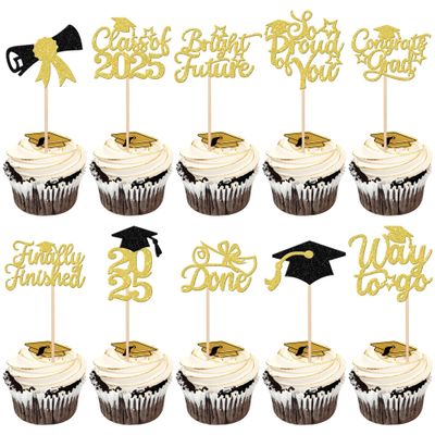 30 PCS Class of 2025 Graduation Cupcake Toppers Glitter Diploma 2025 Congrats Grad Cap Cupcake Picks So Proud of You cake Decorations for 2025 Graduation Theme Party Supplies Gold