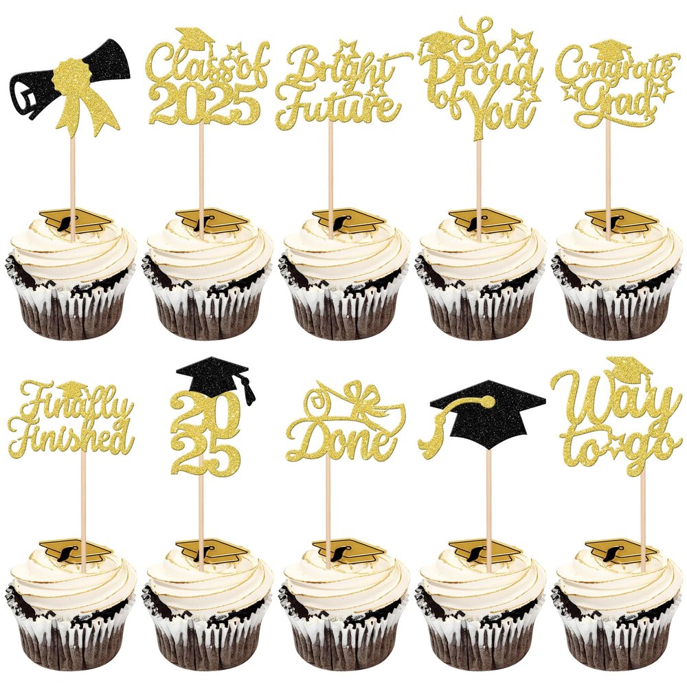 30 PCS Class of 2025 Graduation Cupcake Toppers Glitter Diploma 2025 Congrats Grad Cap Cupcake Picks So Proud of You cake Decorations for 2025 Graduation Theme Party Supplies Gold