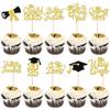 30 PCS Class of 2025 Graduation Cupcake Toppers Glitter Diploma 2025 Congrats Grad Cap Cupcake Picks So Proud of You cake Decorations for 2025 Graduation Theme Party Supplies Gold view 1