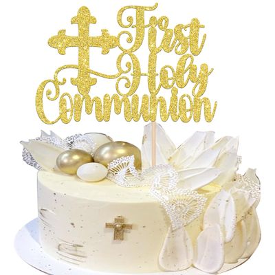 Rsstarxi 1 Pack First Communion Cake Topper Christian Baptism Religious God Bless Cross Cake Pick First Communion Cake Decorations for Baby Shower 1st Communion Party Decorations Gold