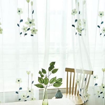 HooHero Blue Rural Style Elegant Sheer Curtains Bedroom Kids Baby Room Decor Rod Pocket Top Style Floral Embroidered Semi Tulle Drapes