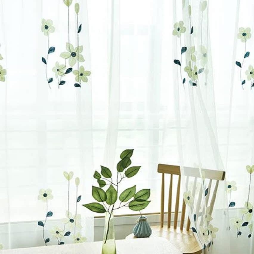HooHero Blue Rural Style Elegant Sheer Curtains Bedroom Kids Baby Room Decor Rod Pocket Top Style Floral Embroidered Semi Tulle Drapes