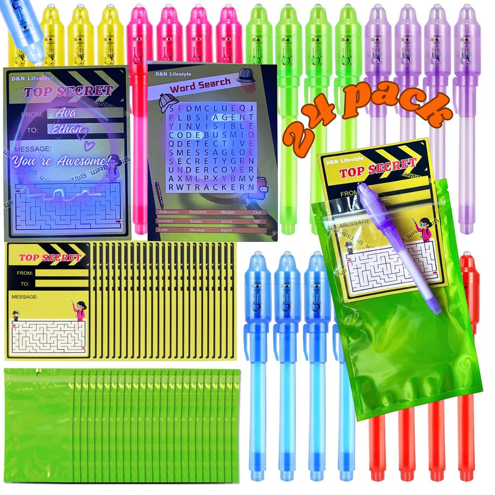 D&N Lifestyle Invisible Ink Pens for Kids, 24-Pack UV Secret Message Pens with Word Search & Maze Cards + Gift Bags, Valentines Day Party Favors & Classroom Gifts, Birthday Activities