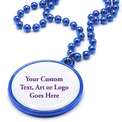 Custom Mardi Gras Bead Necklaces with Medallions - 33 inch, 7mm Round Beads- Pack of 24 Personalized Plastic Bead Necklaces - Many Colors To Choose - Royal Blue