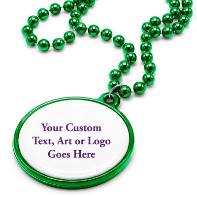 Custom Mardi Gras Bead Necklaces with Medallions - 33 inch, 7mm Round Beads- Pack of 24 Personalized Plastic Bead Necklaces - Many Colors To Choose - Green