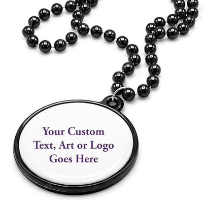 Custom Mardi Gras Bead Necklaces with Medallions - 33 inch, 7mm Round Beads- Pack of 24 Personalized Plastic Bead Necklaces - Many Colors To Choose - Black