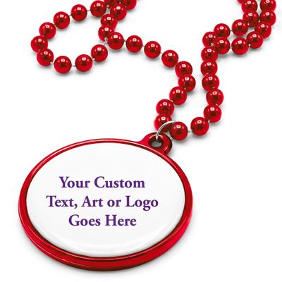 Custom Mardi Gras Bead Necklaces with Medallions - 33 inch, 7mm Round Beads- Pack of 24 Personalized Plastic Bead Necklaces - Many Colors To Choose - Red