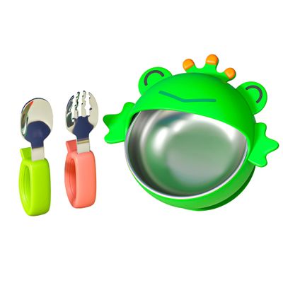 ENERGEVITY Suction Bowls Set for Baby FeedingSilicone Suction Baby Bowl and Food-Grade 304 Stainless Steel Bowl with Fork and Spoon,Dishwasher Safe (Little Frog)