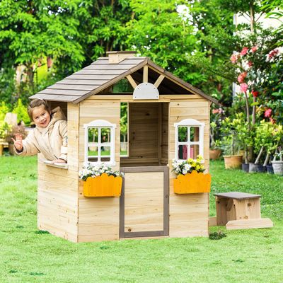 Wooden Playhouse for 3-6 Years Boy Girl, Outdoor Cottage Playhouse w/Bench, Door, 2 Windows, 3 Serving Station, Shelf & Flowerpot Holder, Outdoor Garden Lawn Patio Yard Cottage for 3-6 Age Boy Girl.
