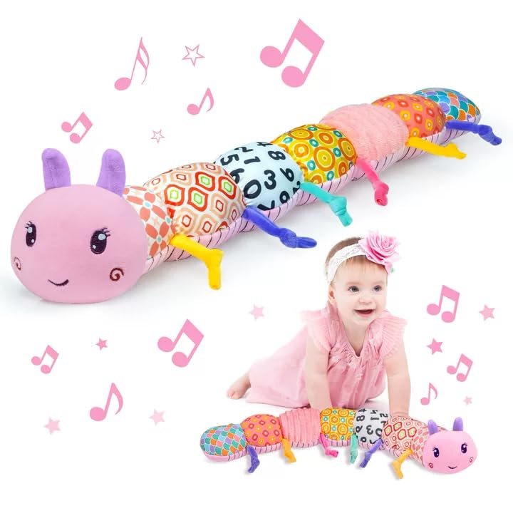 Baby Infant Musical Toy Soft Stuffed Animal Toy with Multi Textures,Rattle,Crinkle,Newborn Baby Toy for 0 3 6 9 12 Months Girls Boy Gift,CaterpillarPink