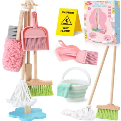 Lonico Wooden Kids Cleaning Toy Set for Toddlers Mop Broom and Dustpan Set, 12 Pcs Detachable Housekeeping Playset with Bucket Duster Brushes Pretend Play Cleaning Toys Gift for Boy Girl Age 3 4 5 6