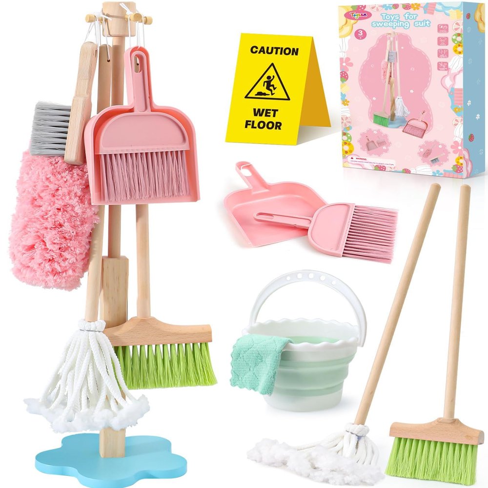 Lonico Wooden Kids Cleaning Toy Set for Toddlers Mop Broom and Dustpan Set, 12 Pcs Detachable Housekeeping Playset with Bucket Duster Brushes Pretend Play Cleaning Toys Gift for Boy Girl Age 3 4 5 6