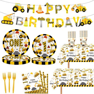 118 Pcs Construction 1st Birthday Party Decor Dump Truck One Years Old Disposable Paper Plates Napkins Forks Cups Tablecloth Banner Dinnerware for Im Digging Being 1 Bday Baby Shower Party Supplies