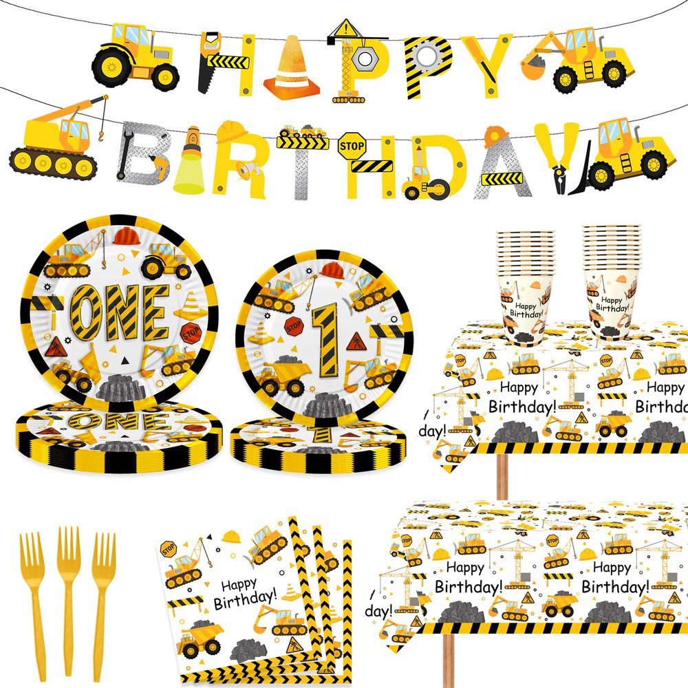 118 Pcs Construction 1st Birthday Party Decor Dump Truck One Years Old Disposable Paper Plates Napkins Forks Cups Tablecloth Banner Dinnerware for Im Digging Being 1 Bday Baby Shower Party Supplies